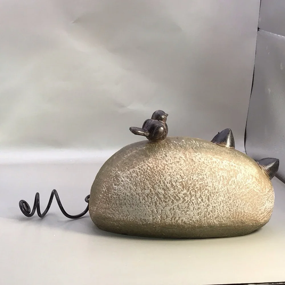 Resin Kitty With Curly Tail And A Bird On His Back Cat